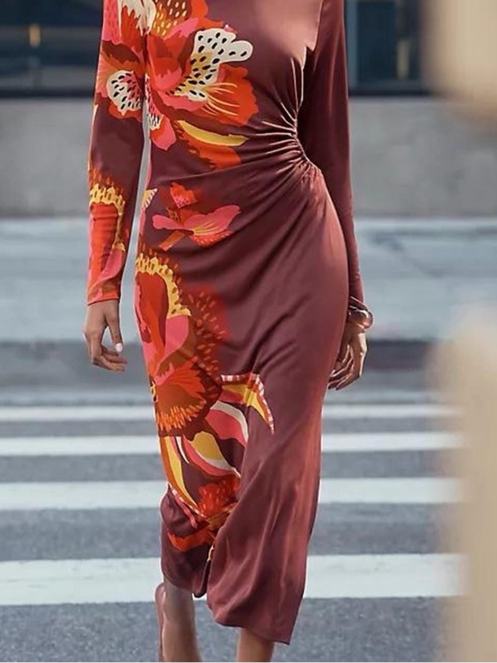 FARM Rio Long Sleeve Floral Ruched Midi Dress with Pink & Orange Accents